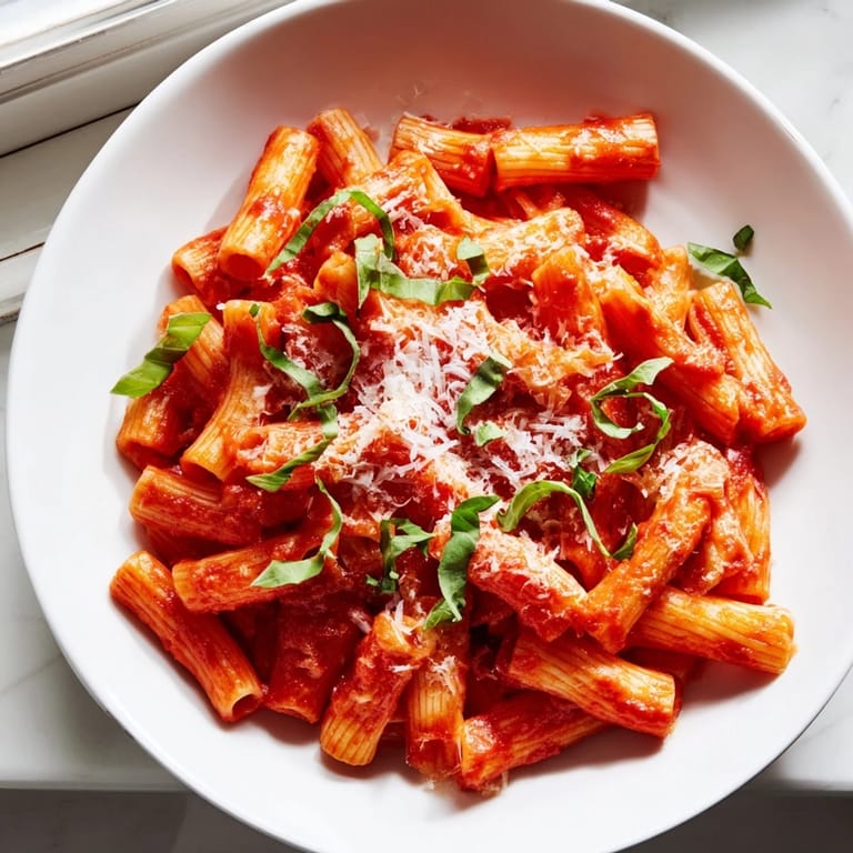 A beautifully plated dish of Microwave Bowl Pasta, topped with fresh Parmesan and basil.