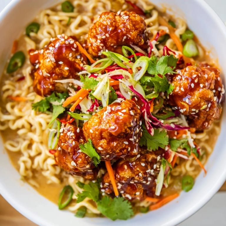 Imagine the spicy, creamy flavors in this flavorful Chaos Cooking Buffalo Cauliflower Ramen with fresh garnishes.