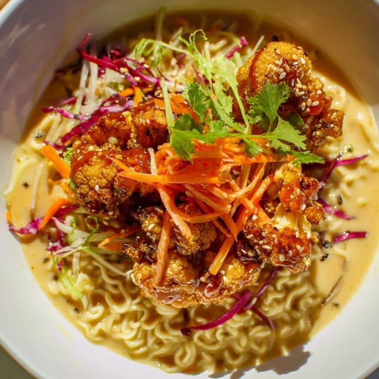 Crispy buffalo cauliflower florets crown the delicious Chaos Cooking Buffalo Cauliflower Ramen, ready to eat!
