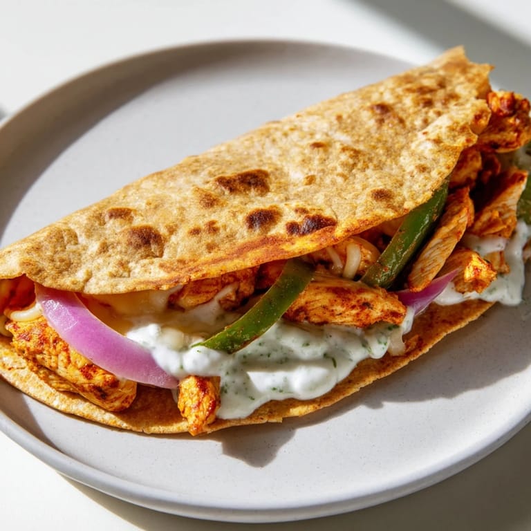 Crispy-edged Tandoori Chicken Quesadilla, featuring vibrant colors and a creamy yogurt sauce drizzle on top.