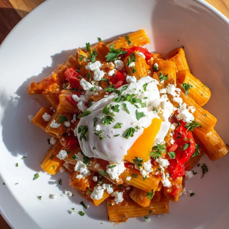 Imagine warm Shakshuka Baked Pasta, a hearty main course with tomatoes and hidden ingredients, ready to eat.