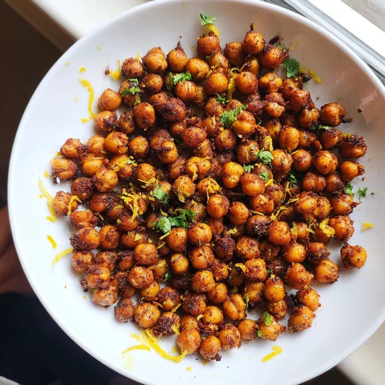 Crispy Harissa Chickpea Roast glistening from the oven, ideal as a flavorful salad topping or side dish.
