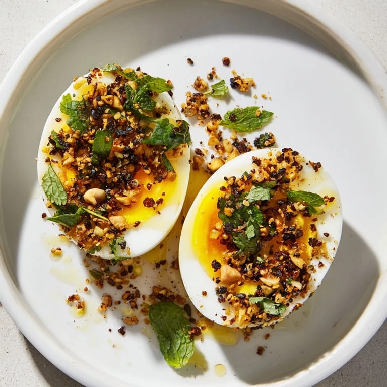 A beautiful plate of Dukkah-Spiced Eggs, a Middle Eastern brunch with a delightful crunch and lovely aroma.
