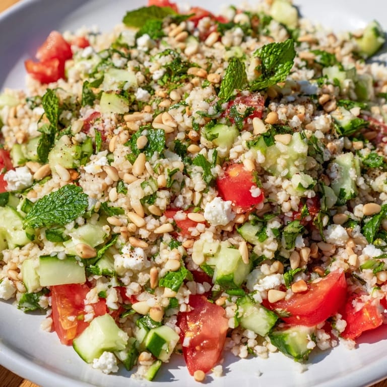 A flavorful Tabbouleh Grain Bowl, showcasing fluffy bulgur, chopped herbs, and a scattering of feta.