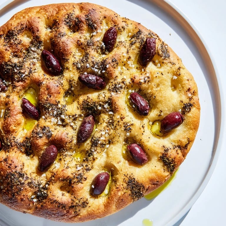 Close-up of freshly baked Zaatar Olive Focaccia, flavorful olives nestled in the fluffy, dimpled bread.