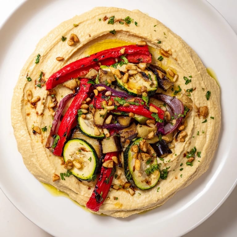 Smoky, tender Hummus Roasted Veggies arranged over smooth hummus, perfect for a vegan Mediterranean-style appetizer platter.
