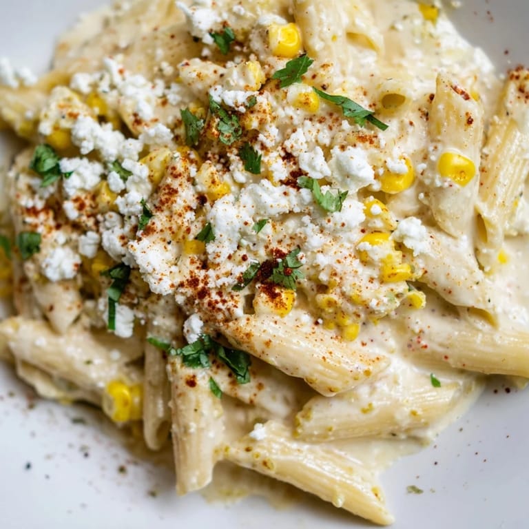 Steaming Mexican Street Corn Pasta with charred corn kernels, creamy sauce, and a sprinkle of chili powder for a zesty kick.