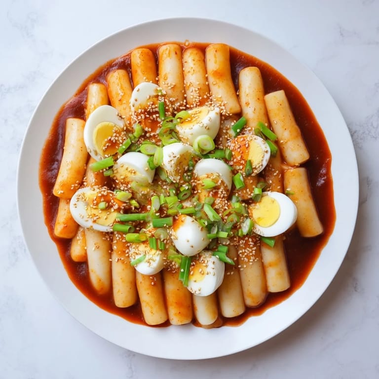 Sizzling Korean Tteokbokki served in a hot pan with boiled eggs and chopsticks nearby.
