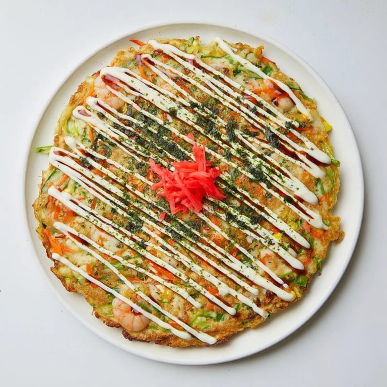 A close-up of fluffy Japanese Okonomiyaki Pancakes garnished with bonito flakes gently dancing in the steam.