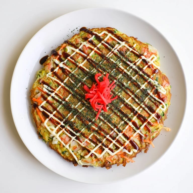 Served on a white plate, Japanese Okonomiyaki Pancakes feature vibrant green cabbage and bright pink pickled ginger.