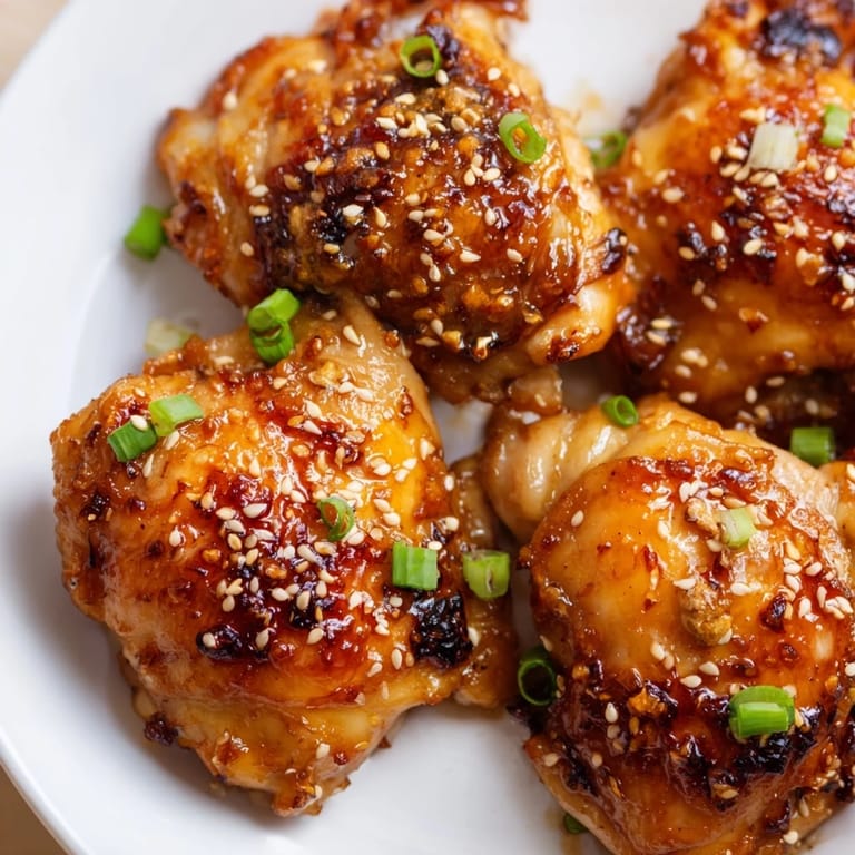 Sizzling golden chicken thighs coated in a sweet and savory honey garlic glaze, ready to serve over steamed rice and vegetables.  