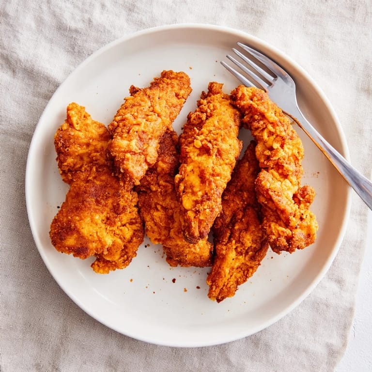 Tender, juicy chicken strips are coated in seasoned flour and deep-fried until perfectly crisp, served hot with fries.