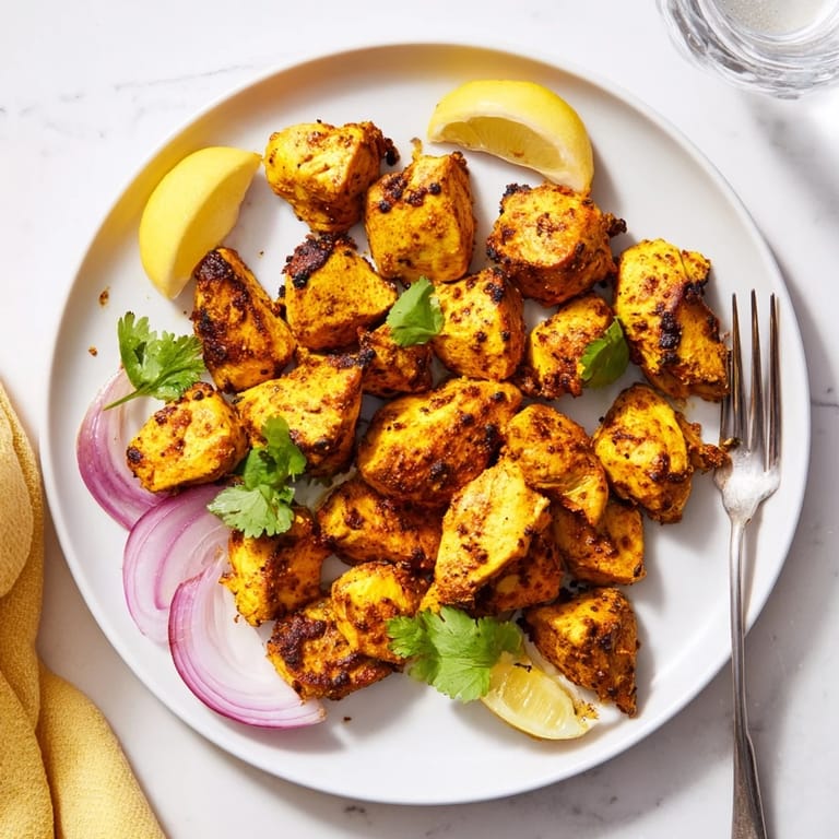 Juicy Indian Tikka Spiced Chicken served with sliced red onion and cilantro, showcasing a vibrant, gluten-free main dish perfect for dinner.
