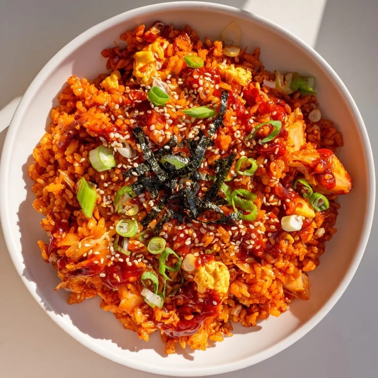 Plate of Spicy Kimchi Fried Rice with a runny yolk egg, roasted seaweed strips, and a side of kimchi juice, showcasing bold Korean flavors.