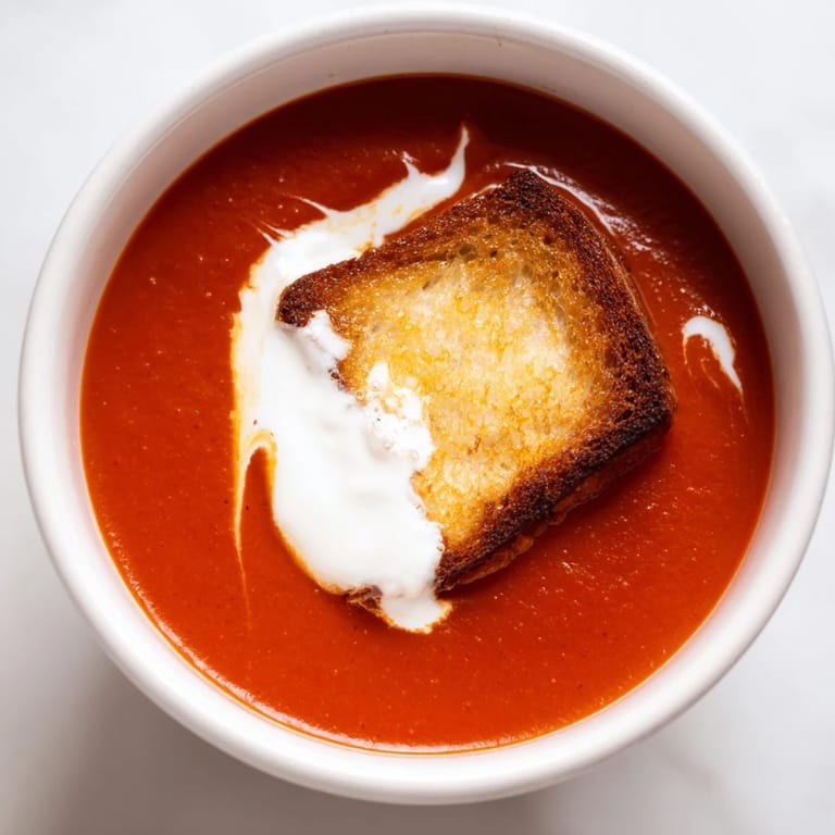 A close-up of rich roasted tomato soup with crispy grilled cheese croutons melting over the velvety, vibrant red broth.