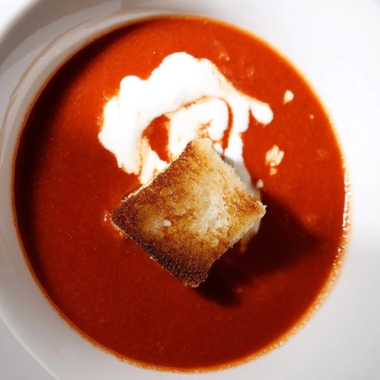 Homemade roasted tomato soup with grilled cheese croutons is garnished with basil, ready for a comforting family dinner.