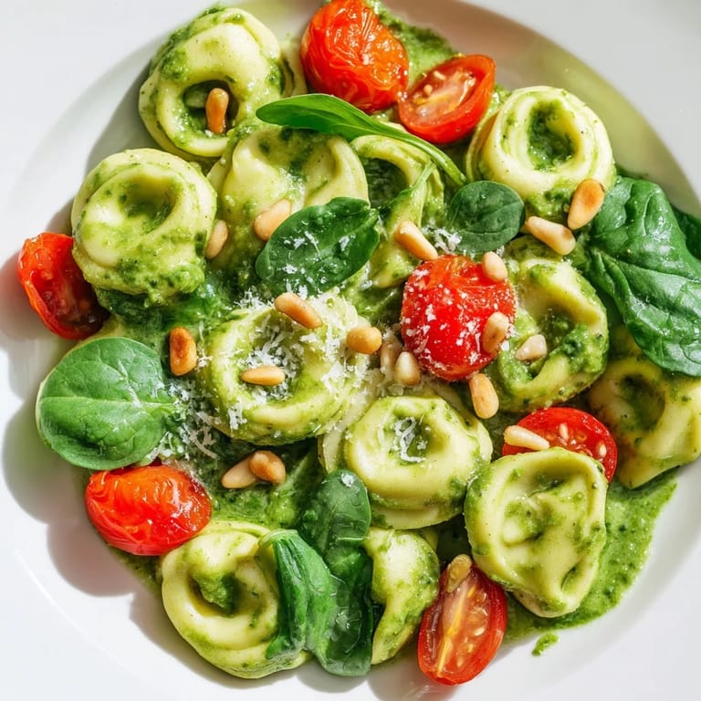 Perfectly chilled Pesto Tortellini Salad is arranged on a rustic wooden table, ready for a summer picnic or potluck lunch.