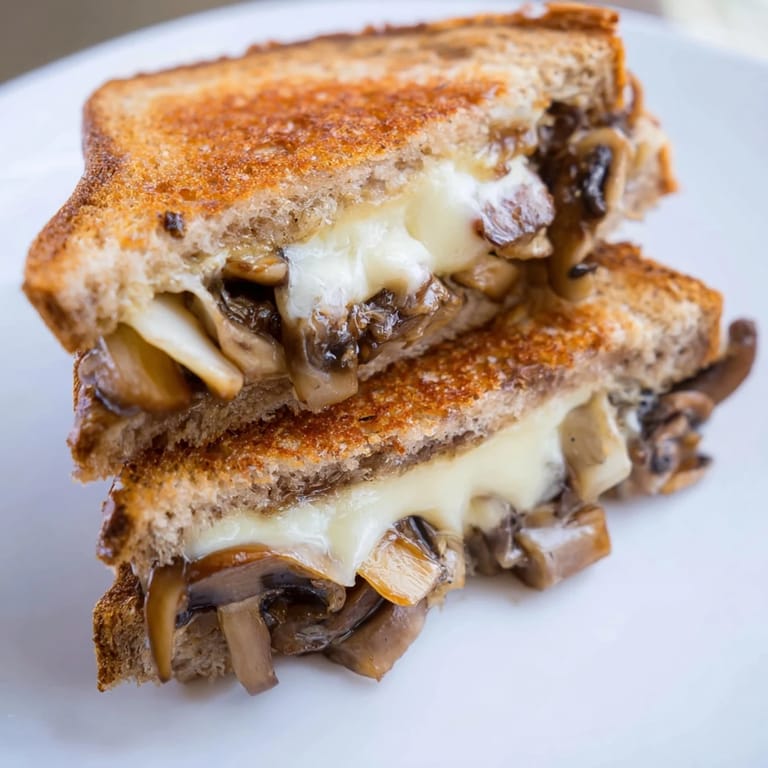 Slices of this easy Mushroom Swiss Grilled Cheese reveal sautéed mushrooms and melted Swiss cheese on toasted rye bread.
