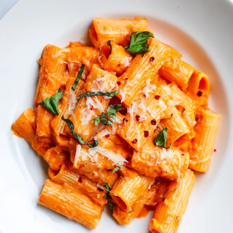 A close-up of hearty rigatoni pasta coated in a velvety, fiery red sauce, with grated Parmesan and fresh basil on top.  