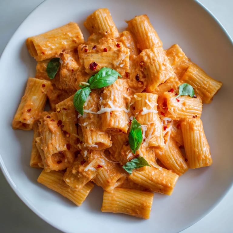 A comforting skillet of spicy rigatoni pasta, steaming with a creamy tomato sauce, ready to be served with extra cheese.