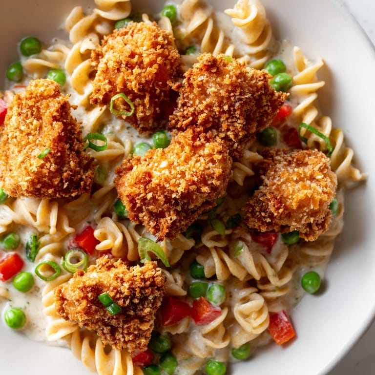A close-up view shows crispy chicken bites nestled among tender rotini noodles, fresh green onions, and peas, drenched in a rich, herb-flecked ranch sauce.