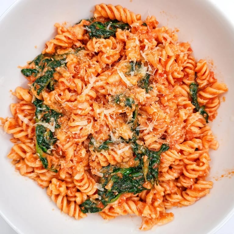 A rustic wooden table holds a pot of freshly cooked Tomato Spinach One-Pot Rotini, garnished with melted Parmesan and fresh basil.