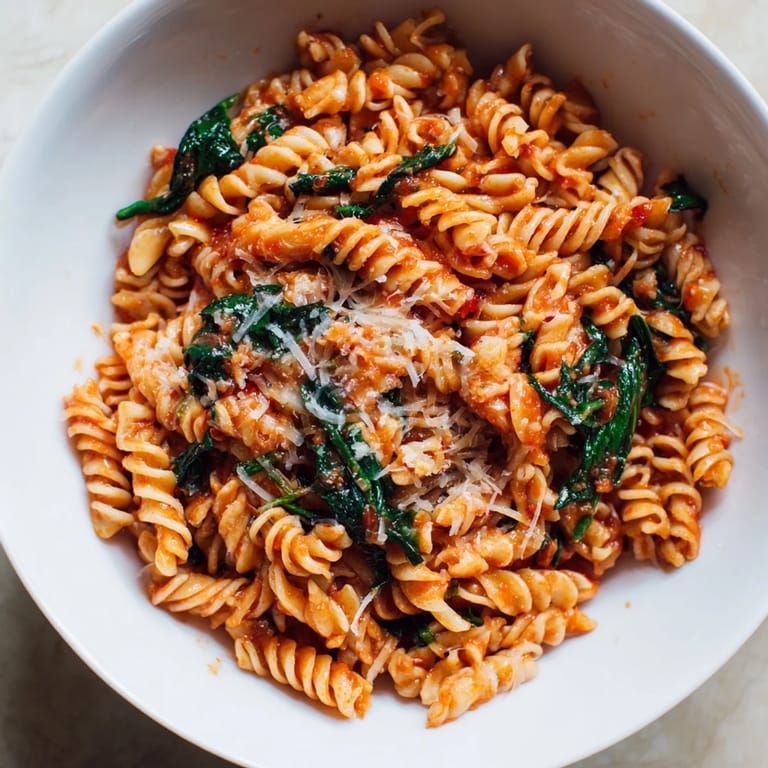 Close-up on a single spoonful of Tomato Spinach One-Pot Rotini, highlighting the tender pasta coated in a savory tomato broth.
