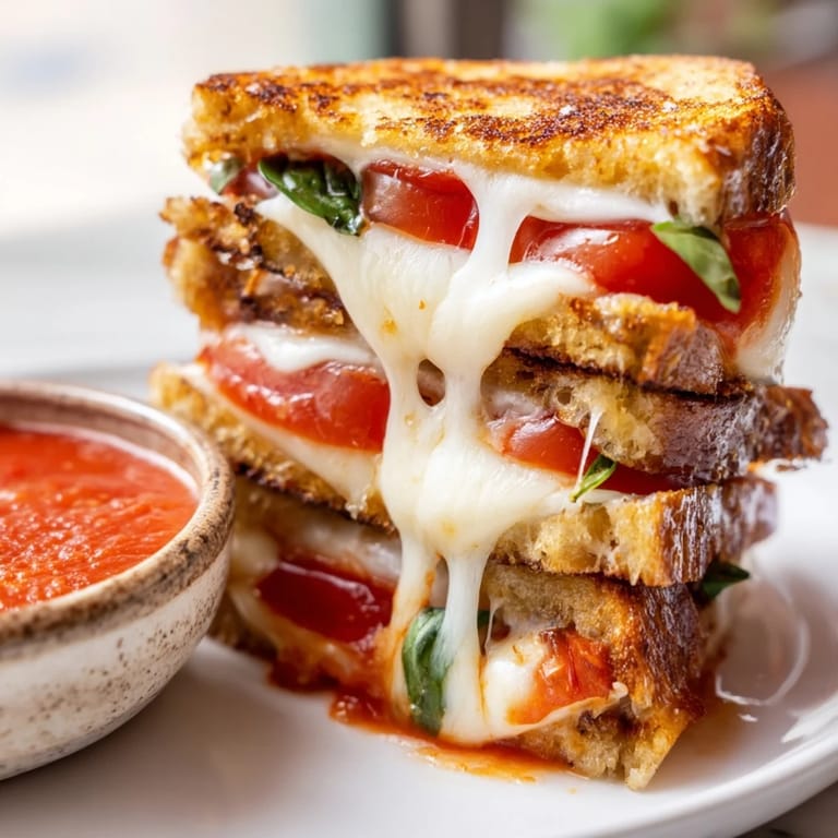 Close-up of crispy Caprese Grilled Cheese Dippers, showcasing melted cheese and tomato slices on sourdough, perfect for an Italian-American appetizer.