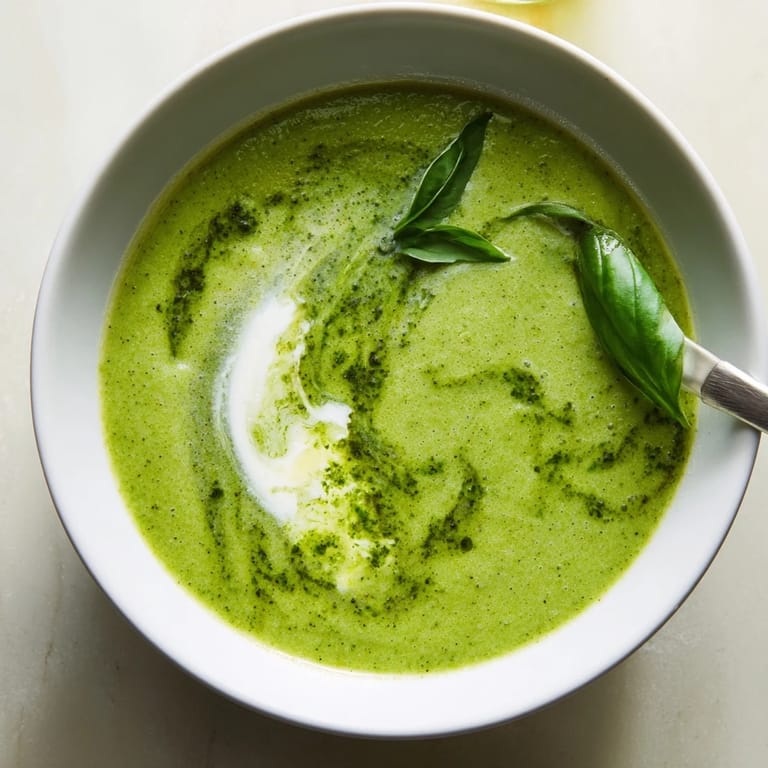 Close-up on a bowl of Courgette, Pea and Pesto Soup, showing the smooth texture and a drizzle of green pesto.
