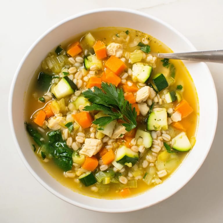 Close-up of tender diced chicken and golden pearl barley in a vibrant turmeric broth with carrots and spinach.