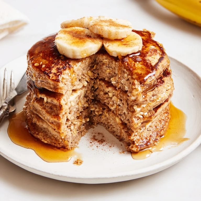 Served warm, these gluten-free Banana Oat Pancakes are plated with a dollop of yogurt and berries for a healthy breakfast.