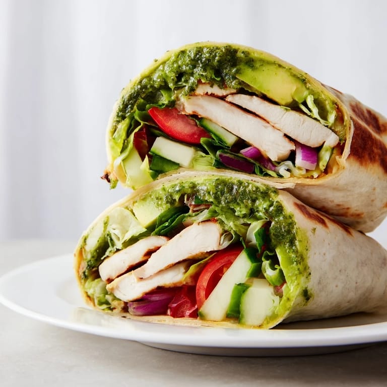 Stacks of fresh vegetables and tender chicken inside a Chimichurri Chicken Salad Wrap on a rustic table.