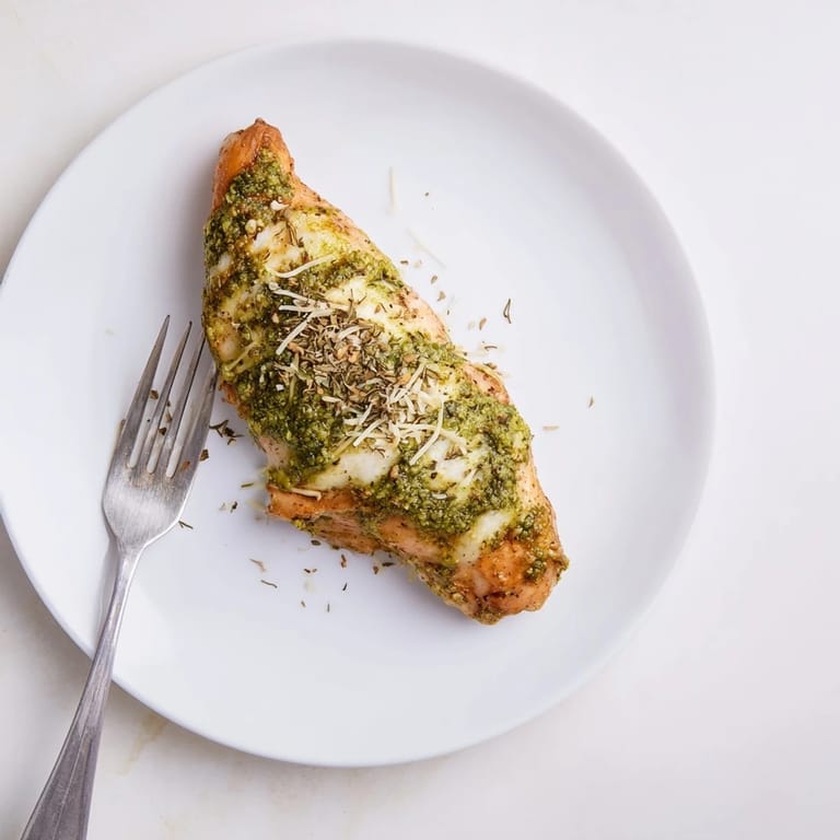 Tender stuffed chicken breasts with melted mozzarella and basil pesto, served hot with a golden Parmesan crust over a bed of fresh greens.