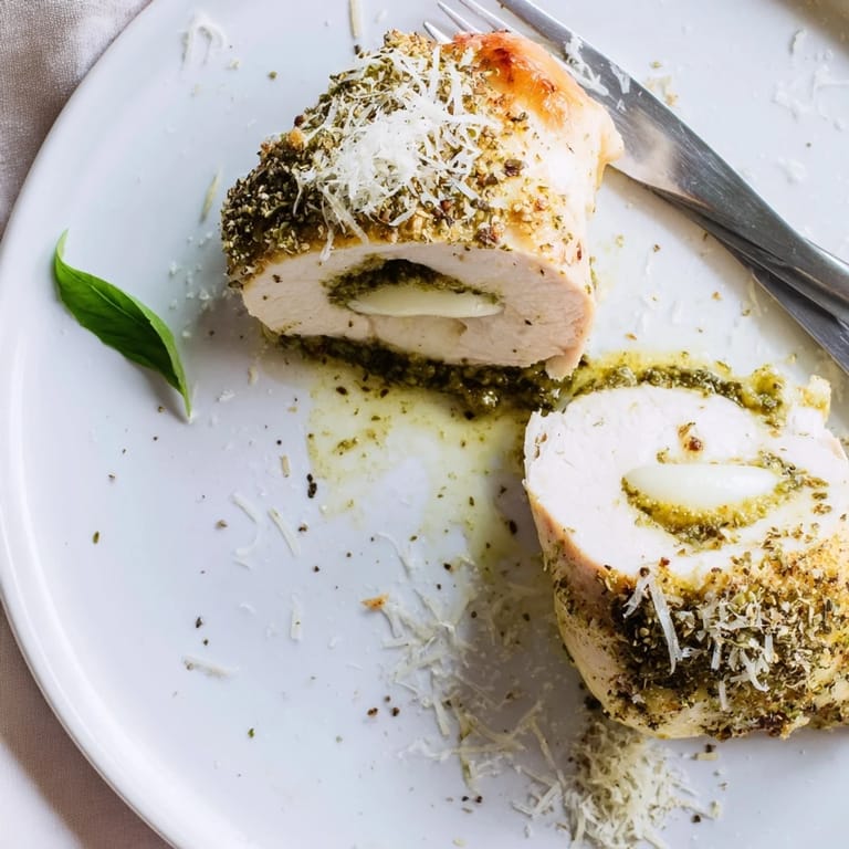 Juicy, herb-infused mozzarella and pesto stuffed chicken fresh from the oven, releasing aromatic steam and ready to serve for a family dinner.
