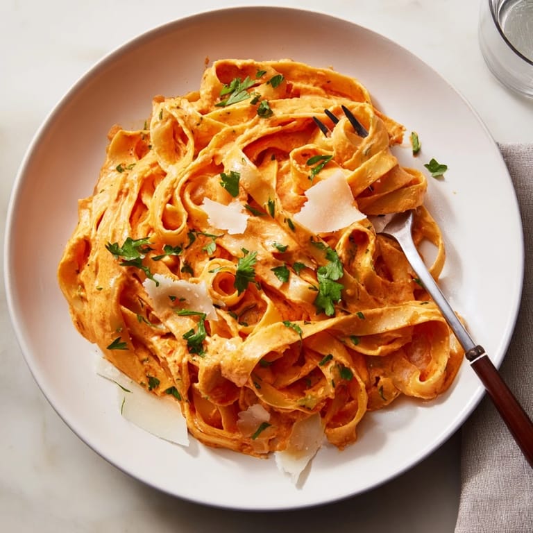 A skillet of creamy roasted red pepper pasta steams beside a glass of white wine, ready for a weeknight dinner.