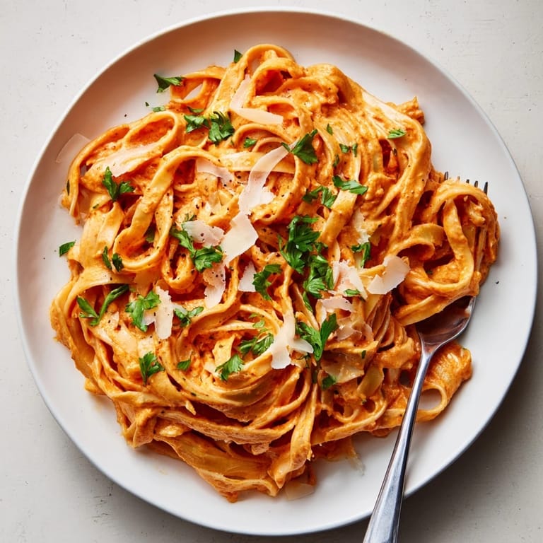 Hearty serving of creamy roasted red pepper pasta topped with Parmesan, fresh basil, and a drizzle of olive oil.