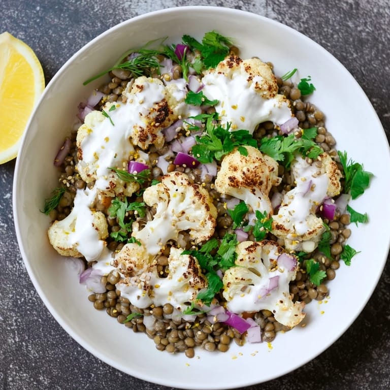 Vibrant vegetarian dish featuring caramelized cauliflower, bright lentil salad, and smooth tahini yogurt sauce, served warm for a healthy Middle Eastern-inspired meal.