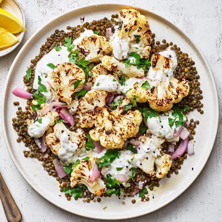 Crispy oven-roasted cauliflower, seasoned with cumin and paprika, topped with tangy lemon lentils and rich Greek yogurt tahini sauce, finished with toasted sesame seeds.