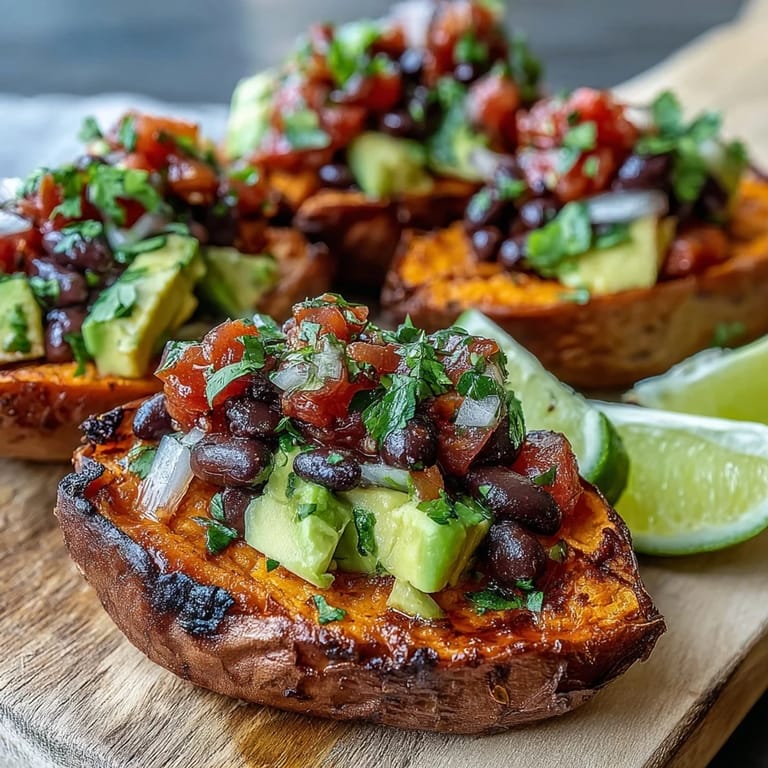 Vibrant roasted sweet potatoes with chipotle black beans and zesty salsa, ready to eat.
