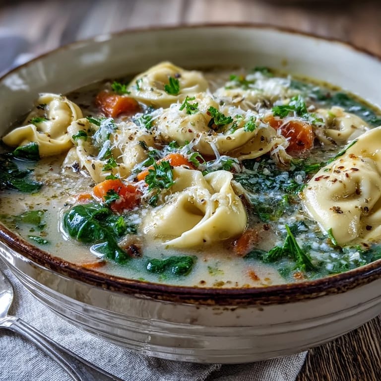 Overhead view of Easy Tortellini Soup With Chicken Broth, featuring colorful vegetables, cheese-filled pasta, and a swirl of cream in a ceramic pot.