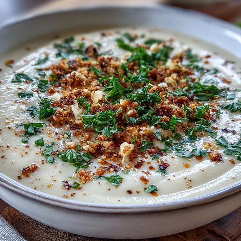 A bowl of velvety Celeriac Soup With Hazelnut Crumble topped with golden toasted hazelnuts, resting on a wooden table.