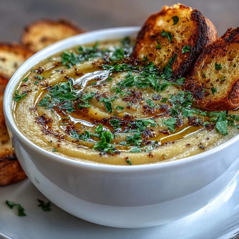 Golden roasted garlic cloves and creamy vegetable broth swirl together in this velvety, comforting Roasted Garlic Soup.