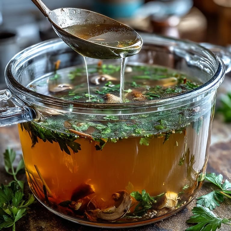 Homemade Vegetable Broth From Scraps poured from a stockpot into jars, perfect for soups, stews, and risottos.