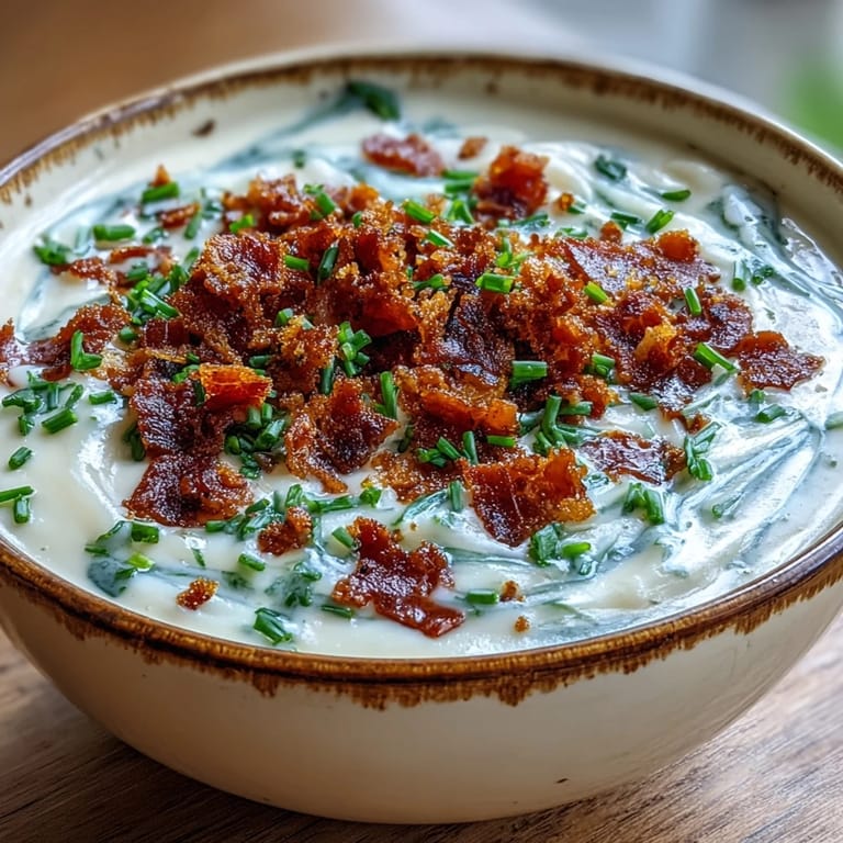 Creamy Celeriac Soup garnished with smoky bacon pieces, served in a rustic white bowl for dinner.