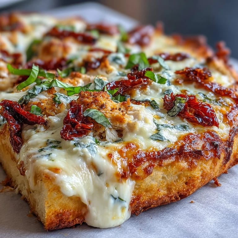 A close-up slice of Marry Me Chicken Pizza revealing rich Parmesan cream sauce and tender chicken chunks.
