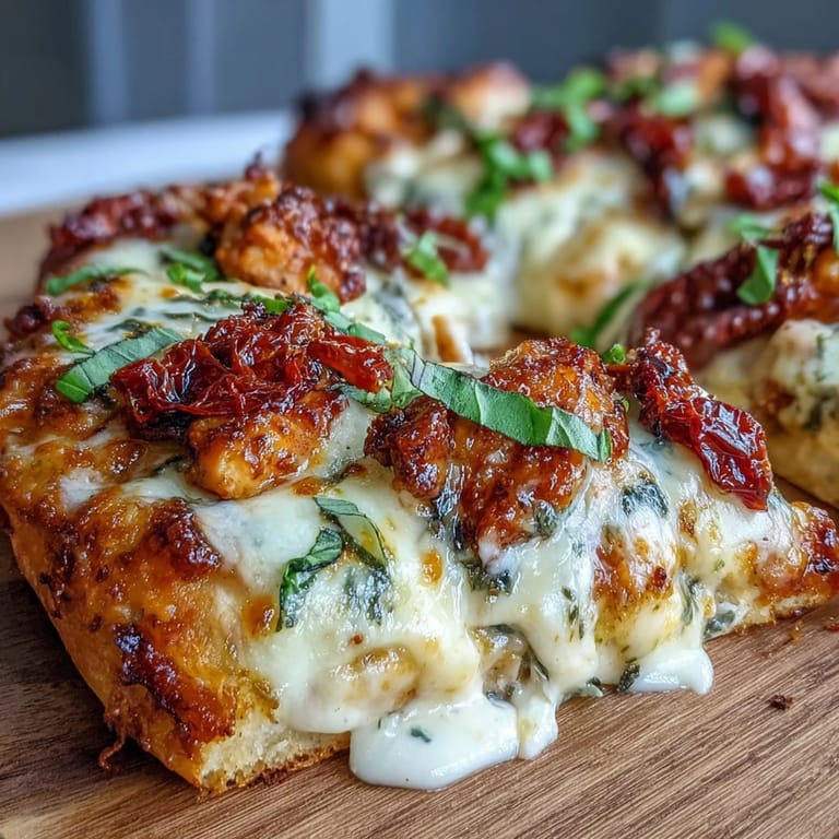Marry Me Chicken Pizza fresh from the oven, brushed with olive oil crust and aromatic herbs.