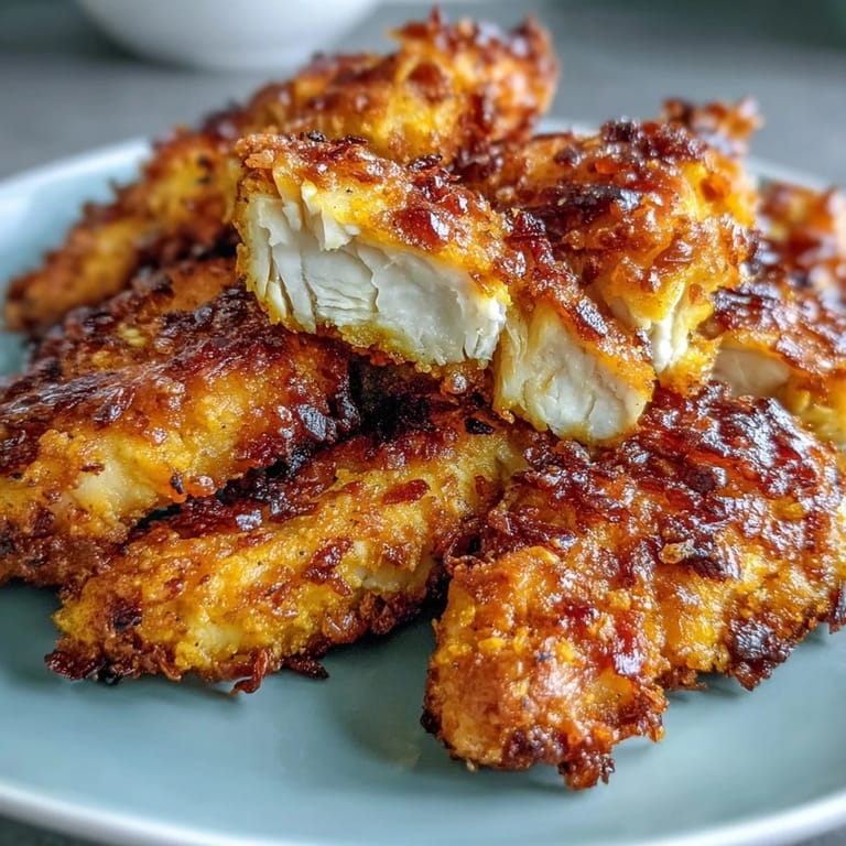 Homemade Crispy Turmeric Chicken Tenders served hot with fresh lemon wedges and vibrant dipping sauce on the side.