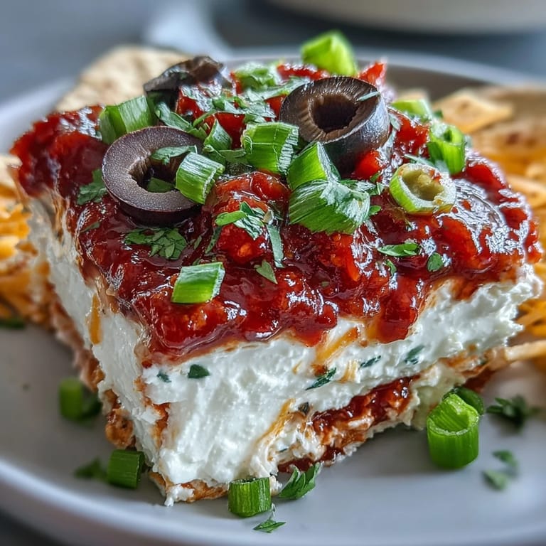 Creamy 4-Way Layered Dip with refried beans and sour cream, topped with chopped tomatoes, green onions, and black olives.