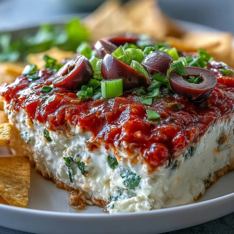 Party-ready 4-Way Layered Dip in a glass dish, featuring colorful layers of beans, creamy cheese, and fresh veggies.