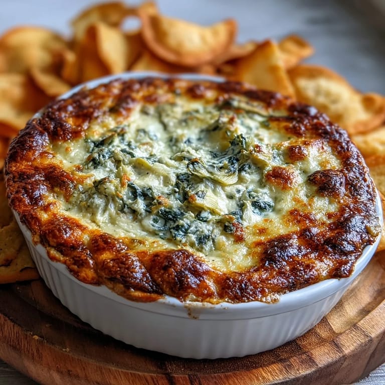 Creamy Spinach Artichoke Dip topped with golden cheese crust, accompanied by fresh vegetable sticks on a rustic wooden serving board.